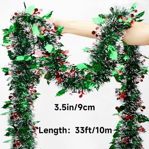 KINGLAKE Christmas Red and Green Tinsel Garland 33 Ft
