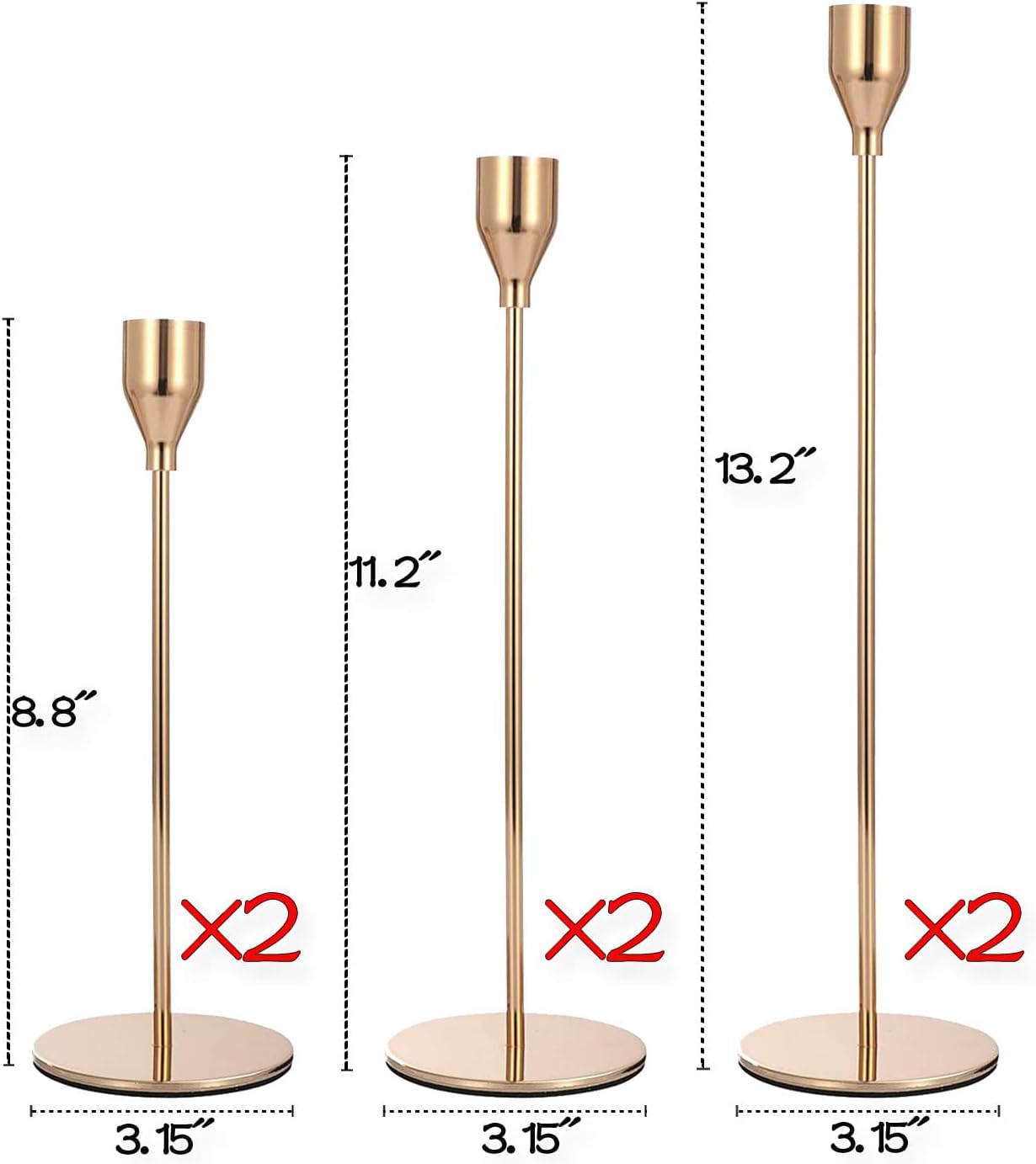 French Gold Taper Tall Candle Holders Set of 6–3 Sizes, Fits 3/4" Candles | Metal Vintage Candle Stickers Long Holder