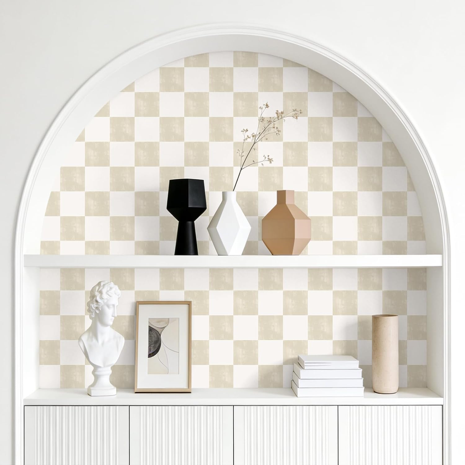 Neutral Beige Checkered Peel and Stick Wallpaper Cream Checkerboard / 17.7 x 118 / Cream Beige