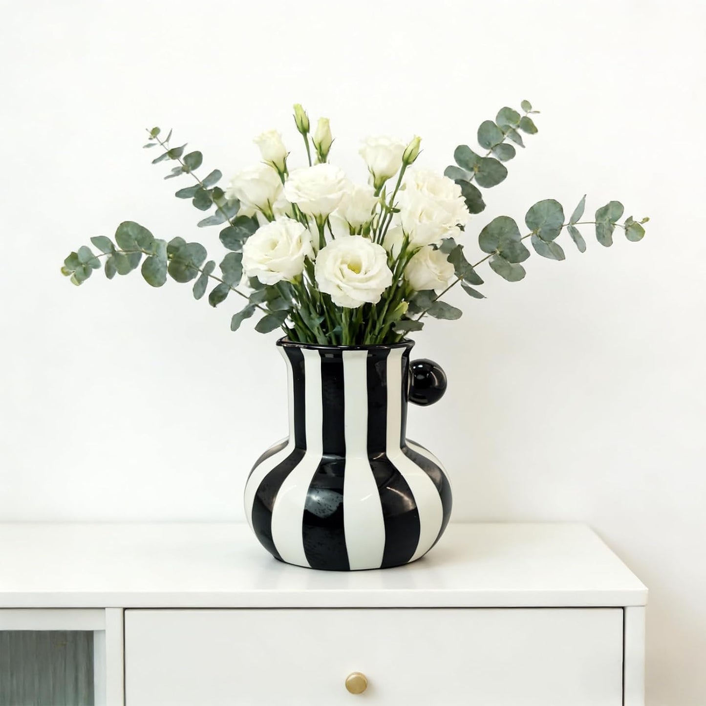 White Striped Ceramic Vase / Black