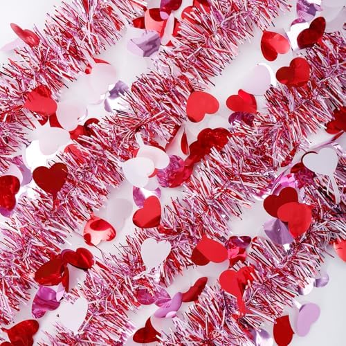 Valentines Garland Decor,50Ft Glitter Tinsel Heart Garland Decorations for Tree Mantle Bedroom Office Classroom Party Indoor Outdoor Holiday Home Pink Red White