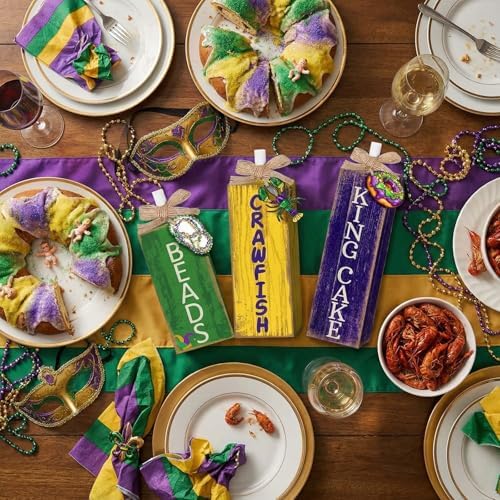 GlikCeil 3 Pcs Mardi Gras Table Decor Carnival Table Centerpiece Decorations Square Wood Mardi Gras Block Sign with Wooden Plaque and Bows for Home Carnival Party Desk Kitchen Decor