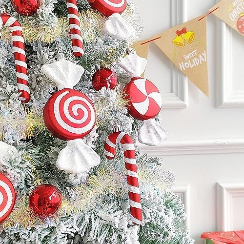 12 Pcs Christmas Candy Cane Ornaments,6.5 Inch Red White Assorted Shape