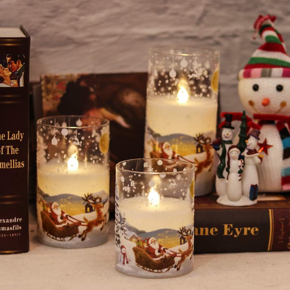 Santa Claus Glass Flameless Candles Battery Operated Remote and Timer Real Wax LED Flickering Pillar Candles White Cold