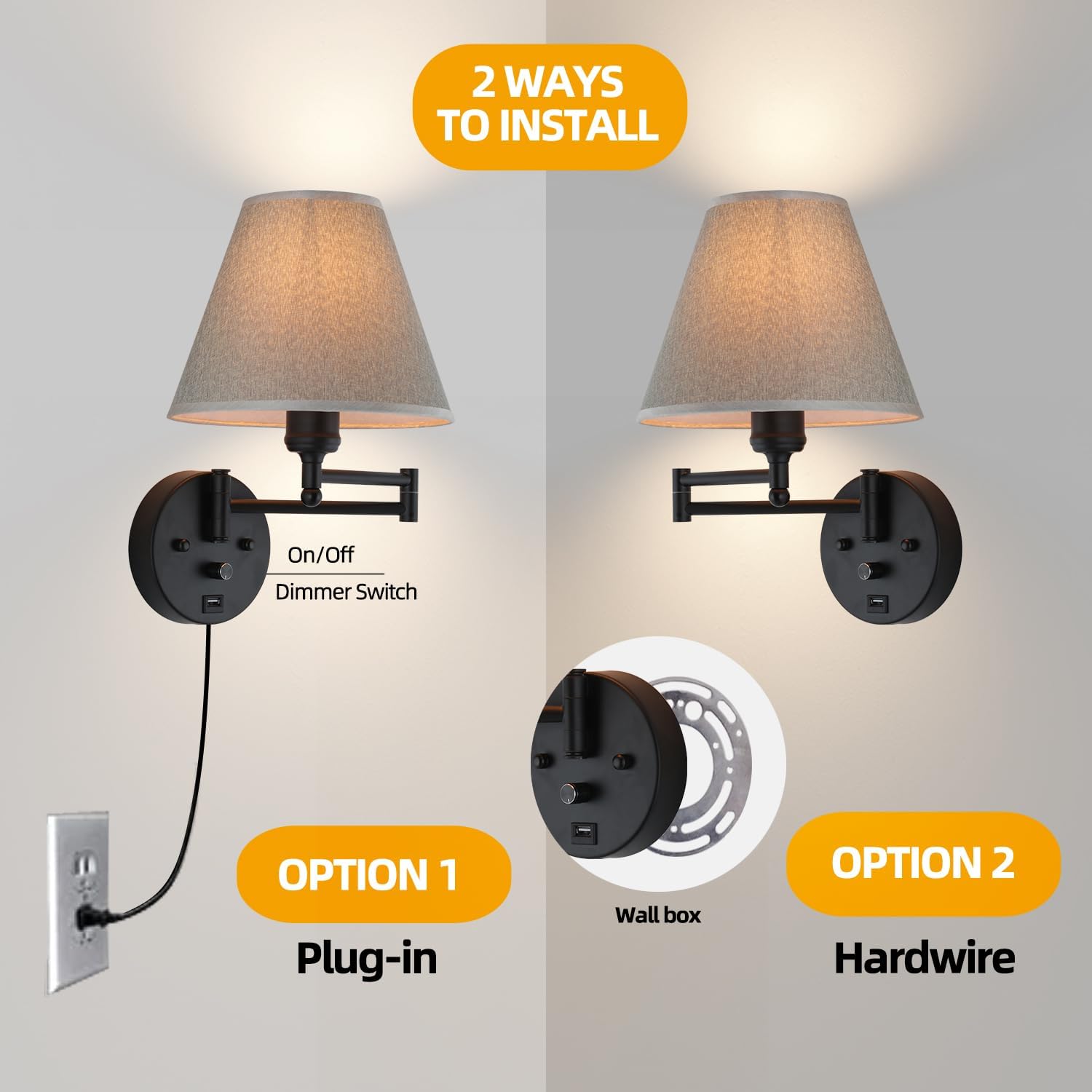 Swing Arm Wall Lamp.Wall Mount lamp with Dimmable Switch.Plug in Wall Sconces with USB Charging Port. Black Sconces