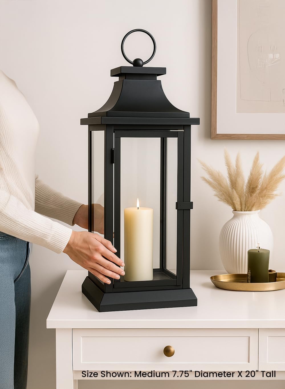 Serene Spaces Living Black Metal Hurricane Lantern with Clear Glass Panels – Hanging or Tabletop Decorative Lantern for