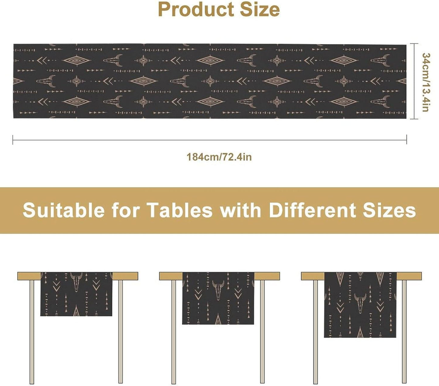 Western Cow Skull Table Runner,Vintage Western Boho Style Aztec Cow Ethnic Background Minimalist Pattern Printed Linen