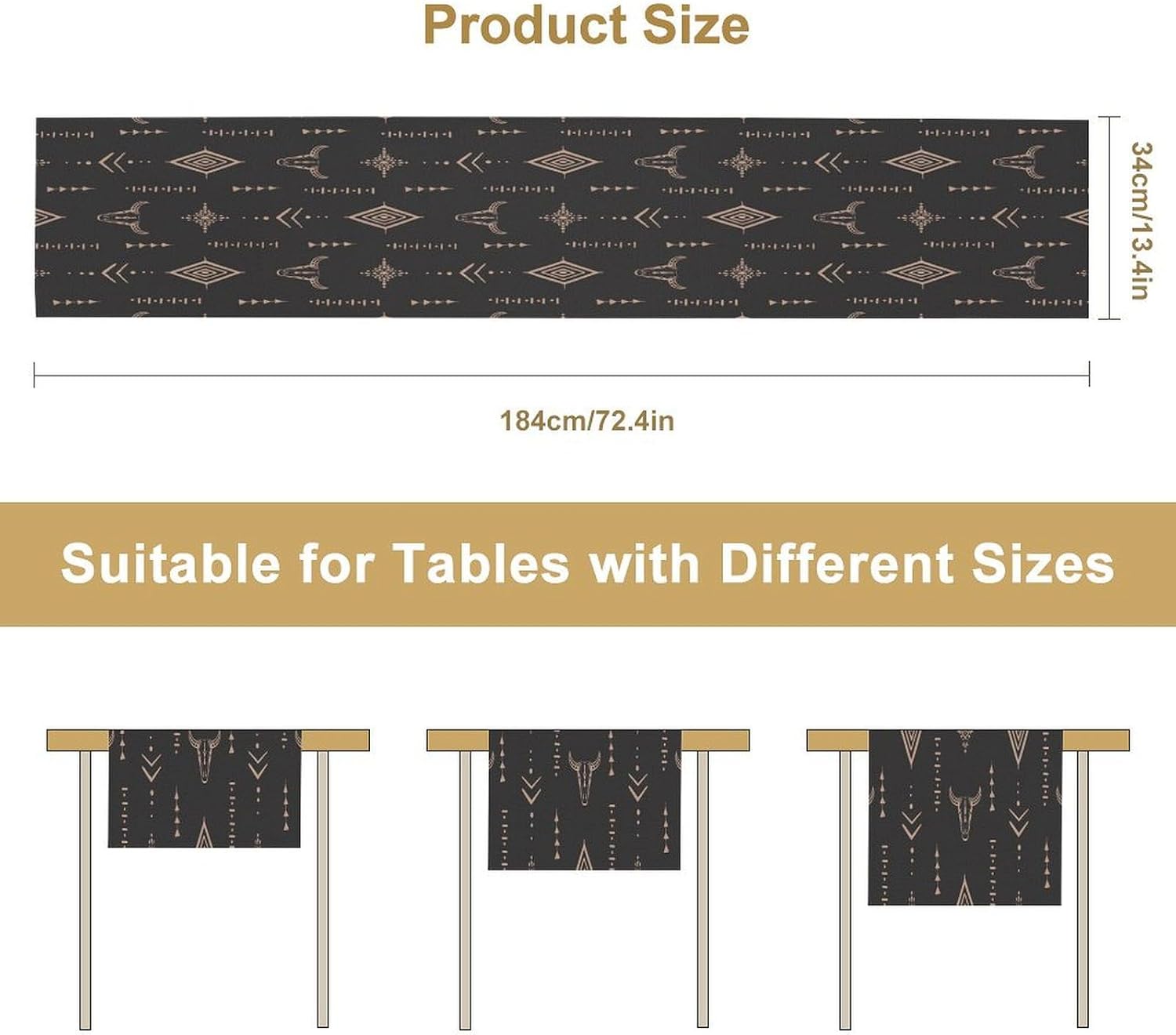 Western Cow Skull Table Runner,Vintage Western Boho Style Aztec Cow Ethnic Background Minimalist Pattern Printed Linen