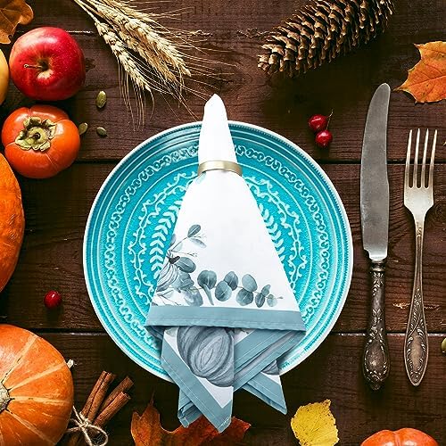 Qeeenar 12 Pcs Blue Pumpkin Floral Cloth Napkins 20" Thanksgiving Dinner