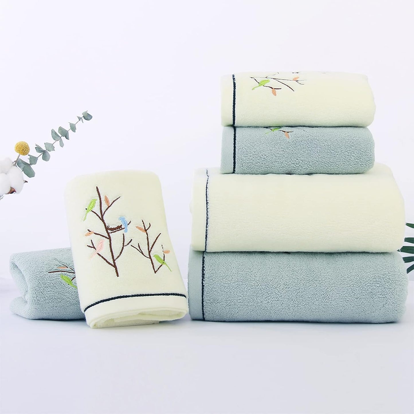Hand Towels Set of 4 Embroidered Bird Tree Pattern 100% Cotton Absorbent Soft Decorative Towel for Bathroom (Light