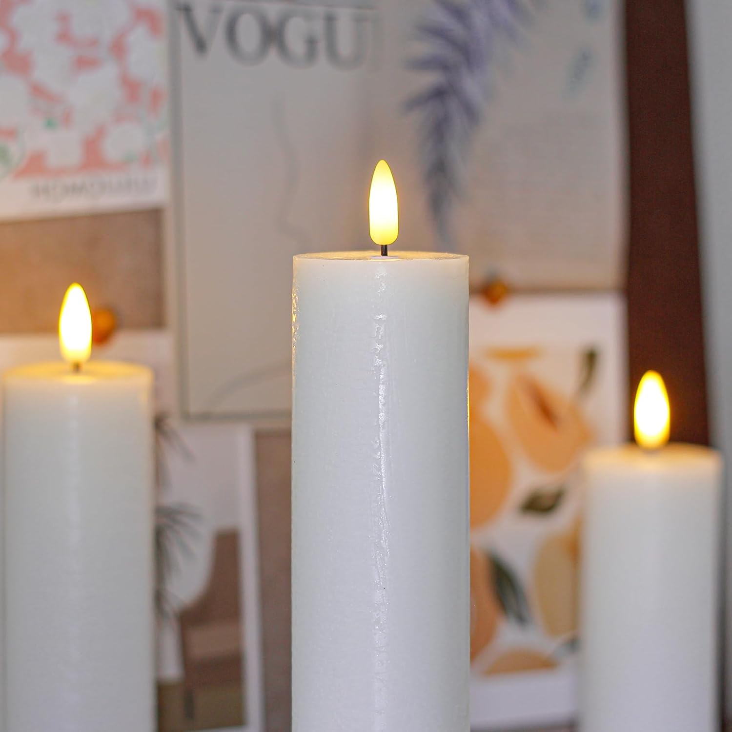 Flickering Flameless Pillar Candles with Remote Control and Cycle Timer,White Pack of 4 Battery Operated(Powered by