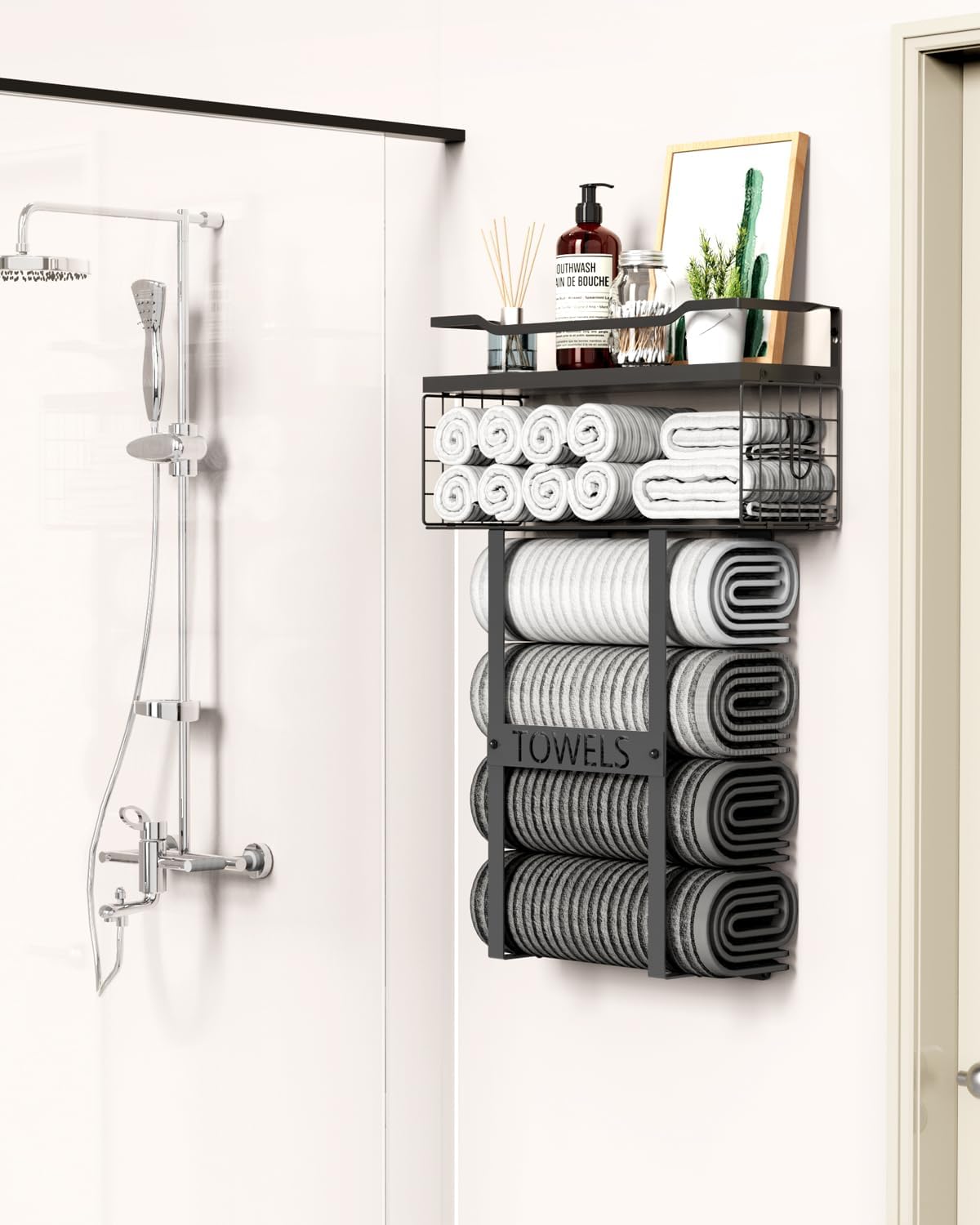 Aetyord Towel Racks for Bathroom Wall Mounted Towel Storage Organize | Towel Storage with Wood Shelf & Metal Basket,Fit