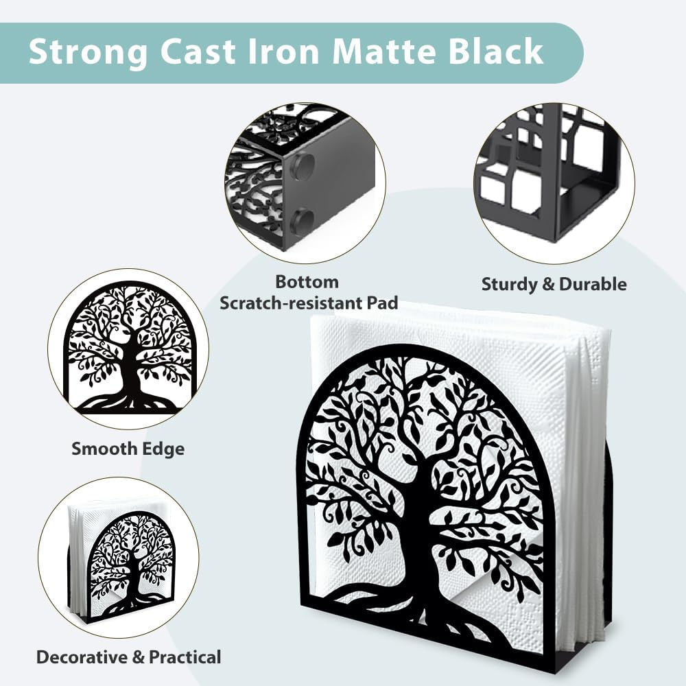 Decorative Metal Napkin Holder / Tree of Life / Black / 4.9 x 4.9 x 1.9
