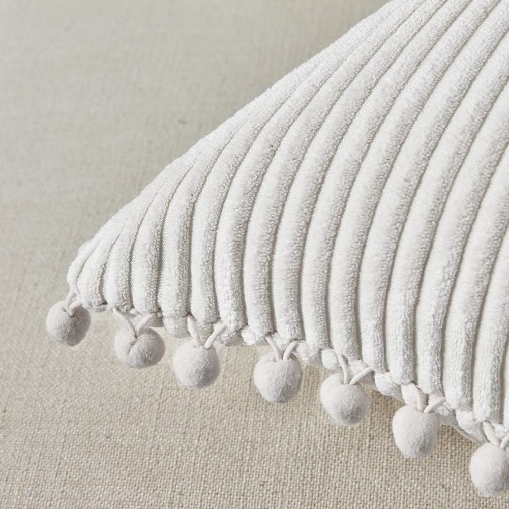 Cream Corduroy Pom Pom Throw Pillow Covers / 18 x 18 / Cream White / Set of 2