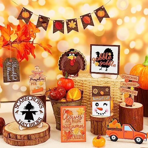 FairySandy 14 Pcs Fall Thanksgiving Tiered Tray Decor Set, Turkey Wood Sign