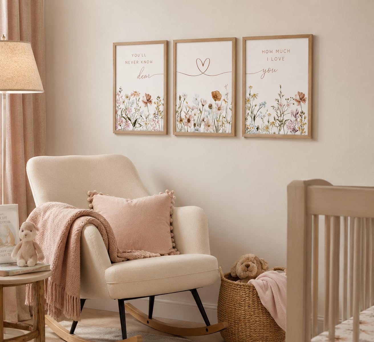 Framed Boho Nursery Wall Art Flower Botanical Sentence / Framed Wood Color / 16L" x 12W / Set of 3