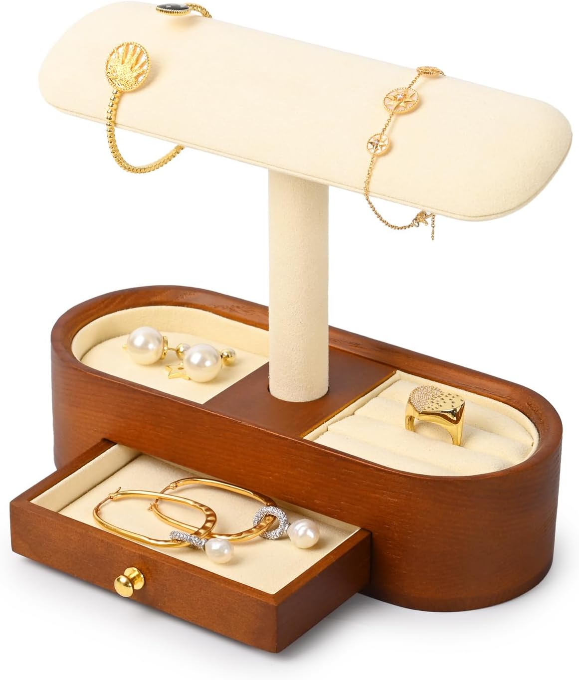 Oirlv Solid Wood Watch Stand with Drawer T-bar Watch Holder Organizer for Men and Women Showcase Bracelet Bangle