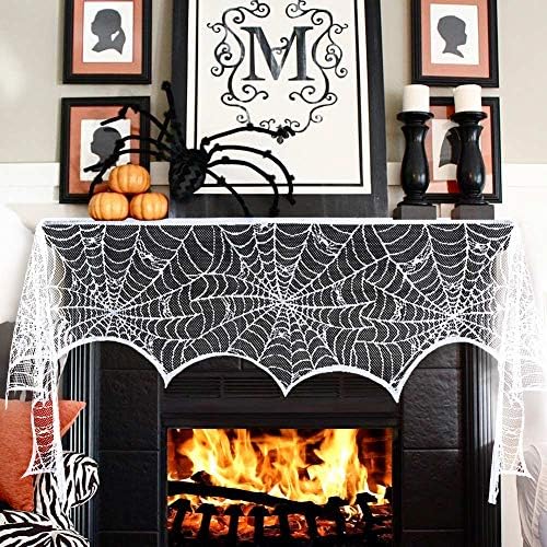 AerWo Halloween Fireplace Mantel Scarf, Halloween Decorations White Lace Spiderweb Fireplace Cover Festive Party Supplies,18 x 98 inch