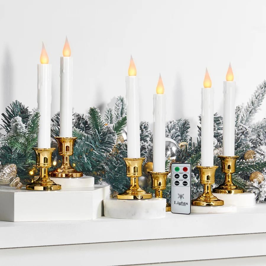 Flameless Taper Candles with Suction Cups, 9.3in, Gold, 6pcs