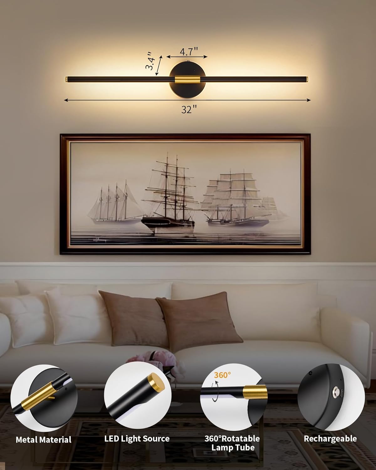 32" Battery Operated Wall Sconce Set of 2, Black Gold Wall Light | Wireless, 8000mAh Rechargeable Battery, Stepless