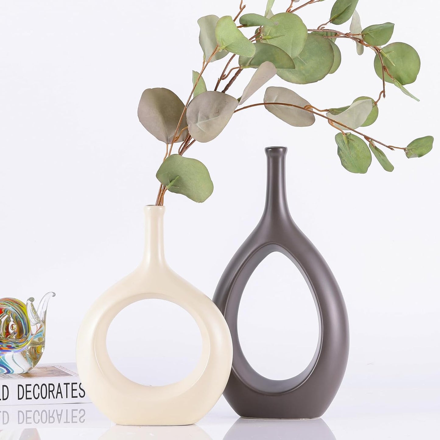 Brown White Vase Ceramic Off White Vases Home Decor / Beige and Brown