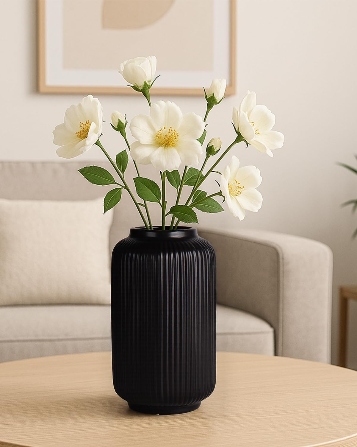 Ceramic Vase / Modern Wide Mouth Decorative Vase / Black02 / Black / 8 Inch