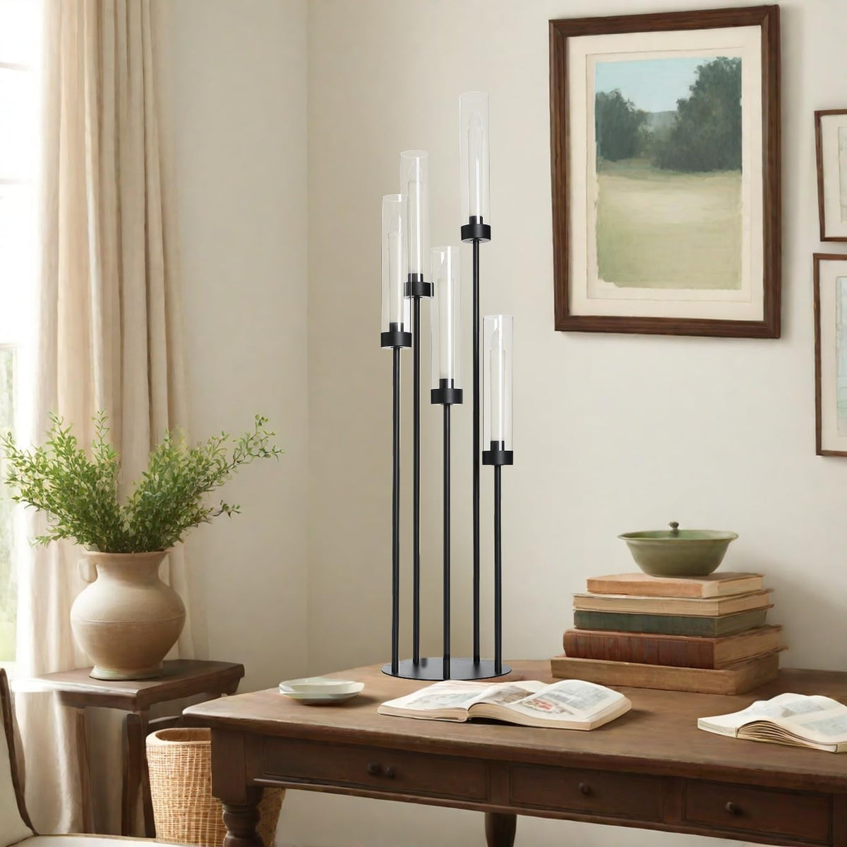 39.8''Matte Black Candle Holder with Acrylic Shades Tall 5 Arm Candelabra Black Table Centerpiece for Wedding Living