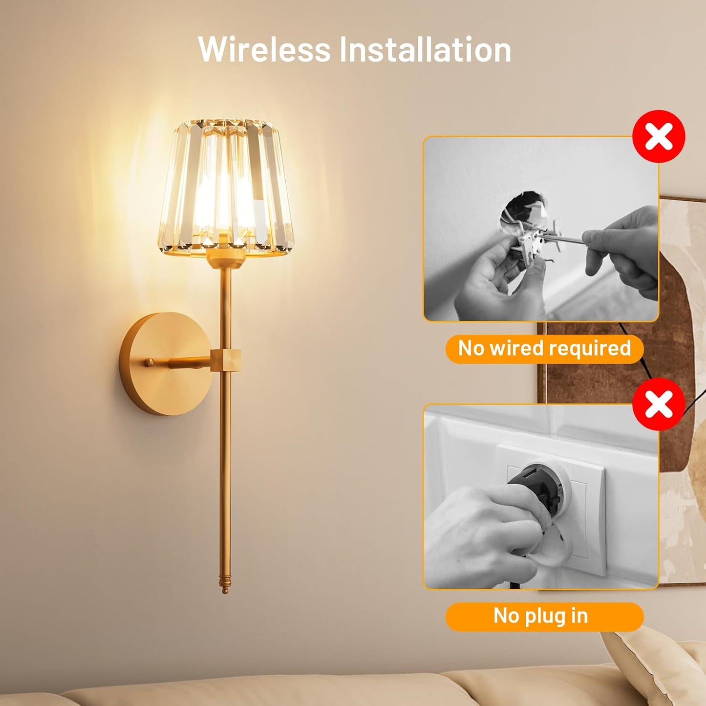 Crystal Battery Operated Wall Sconces Set of 2, Gold Rechargeable Wireless Wall Sconce Lights with Crystal Lampshade