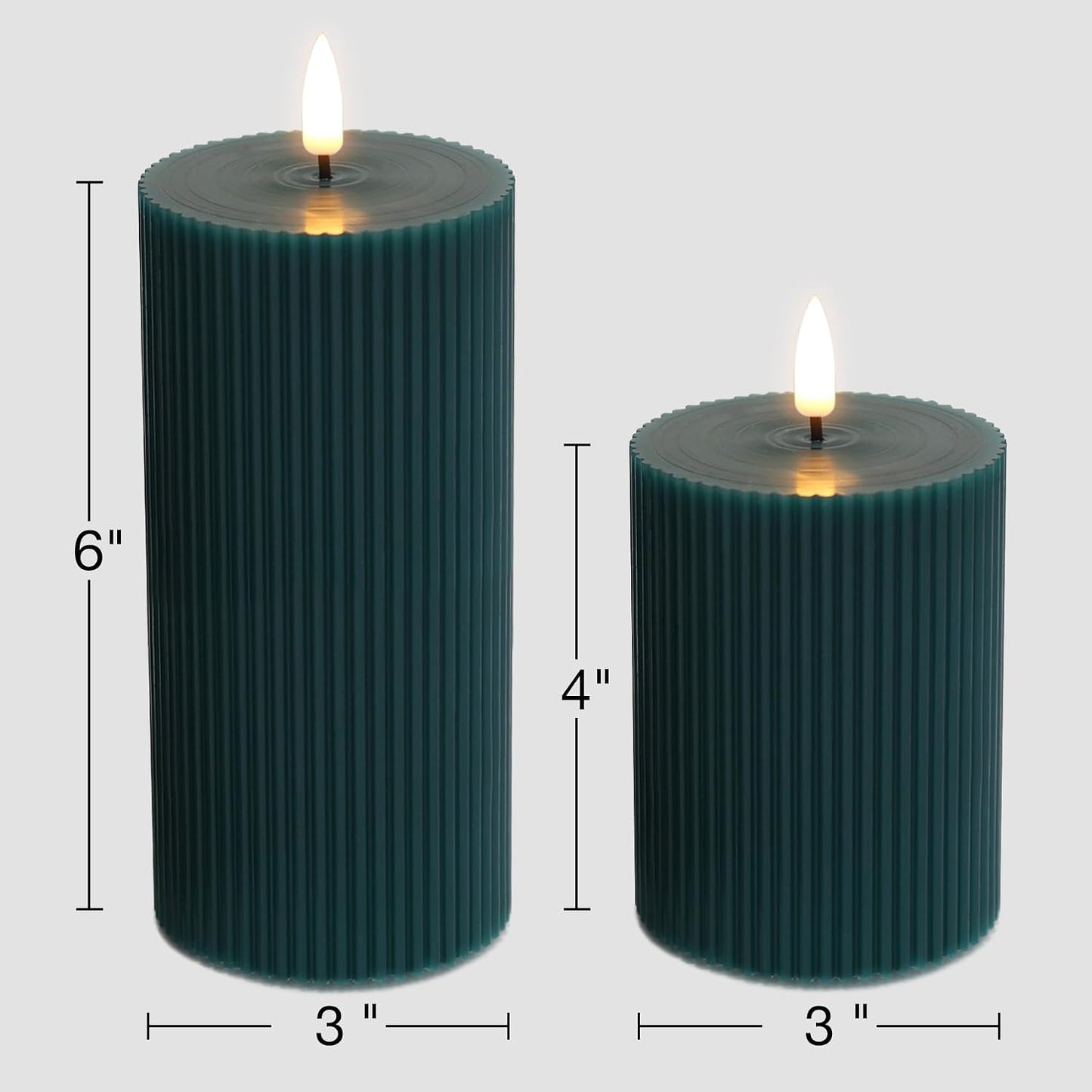 Ribbed Flameless Pillar Candles / Green / Set of 2