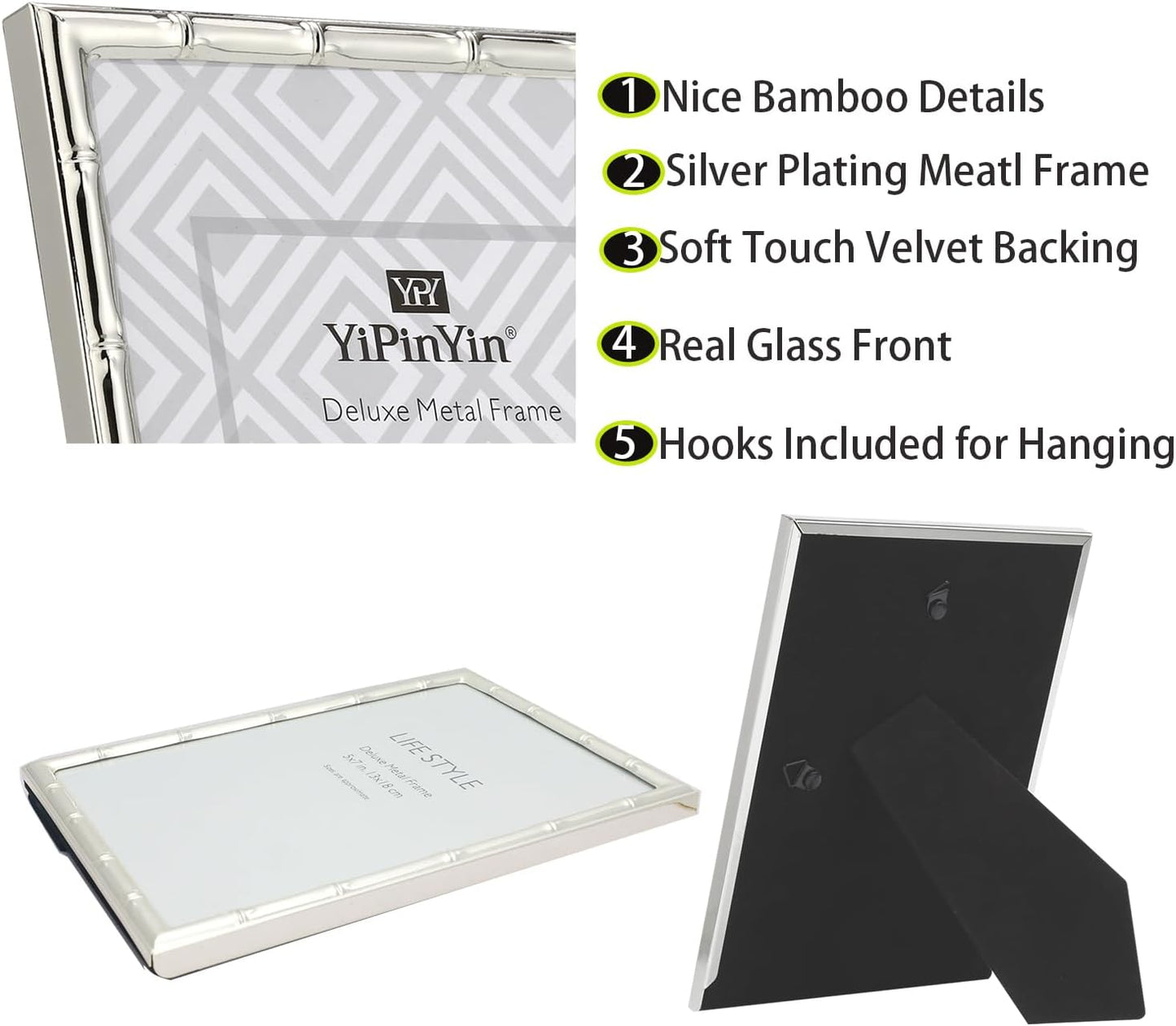 YiPinYin 8x10'' Bamboo Detail Designs Silver Metal Picture Frame with Mat for 5x7'' Set of 2,Narrow Silver Plated Photo