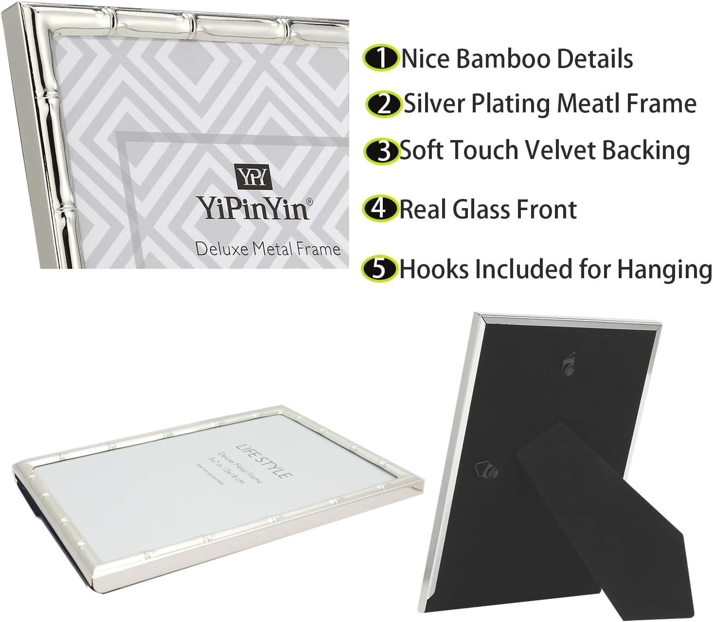 YiPinYin 6x6'' Bamboo Detail Sqaure Silver Metal Picture Frame With Mat for 4x4'' Set of 2, Narrow Silver Plated Photo