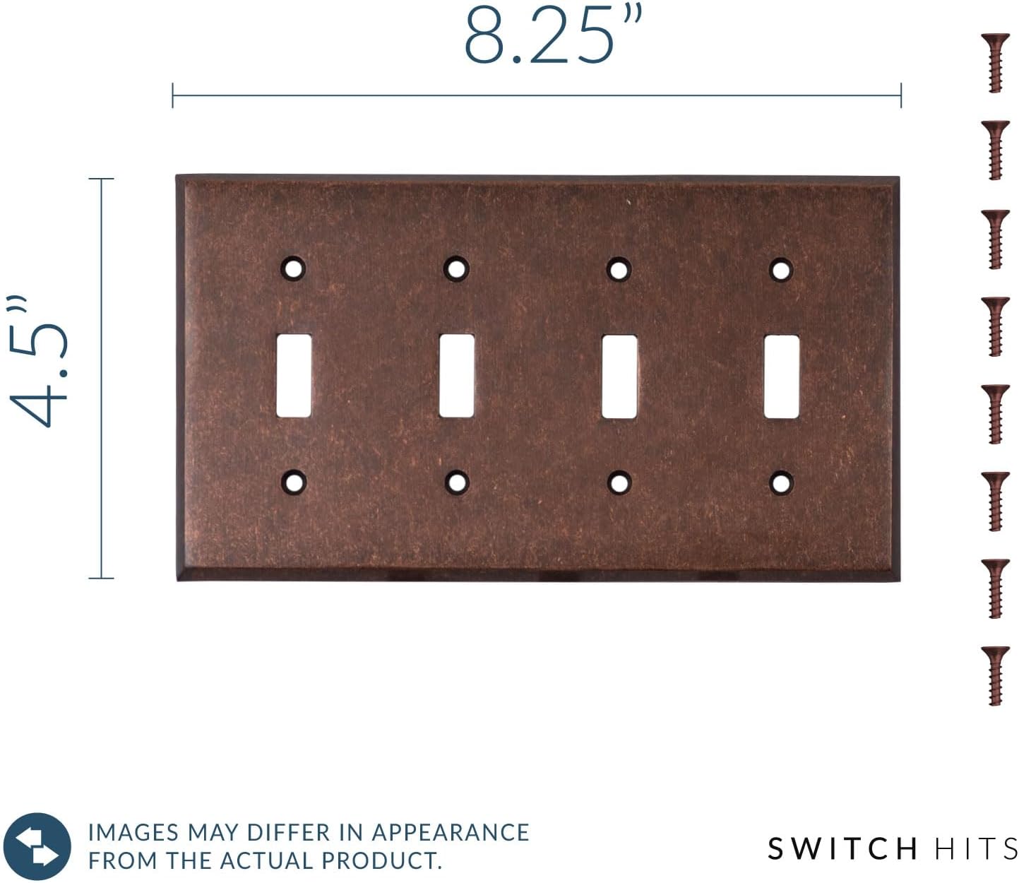 Mottled Antique Copper Outlet Wall Plate | 4 Toggle | 8.25" x 4.5" | Hand-Polished Brass Construction | Electrical