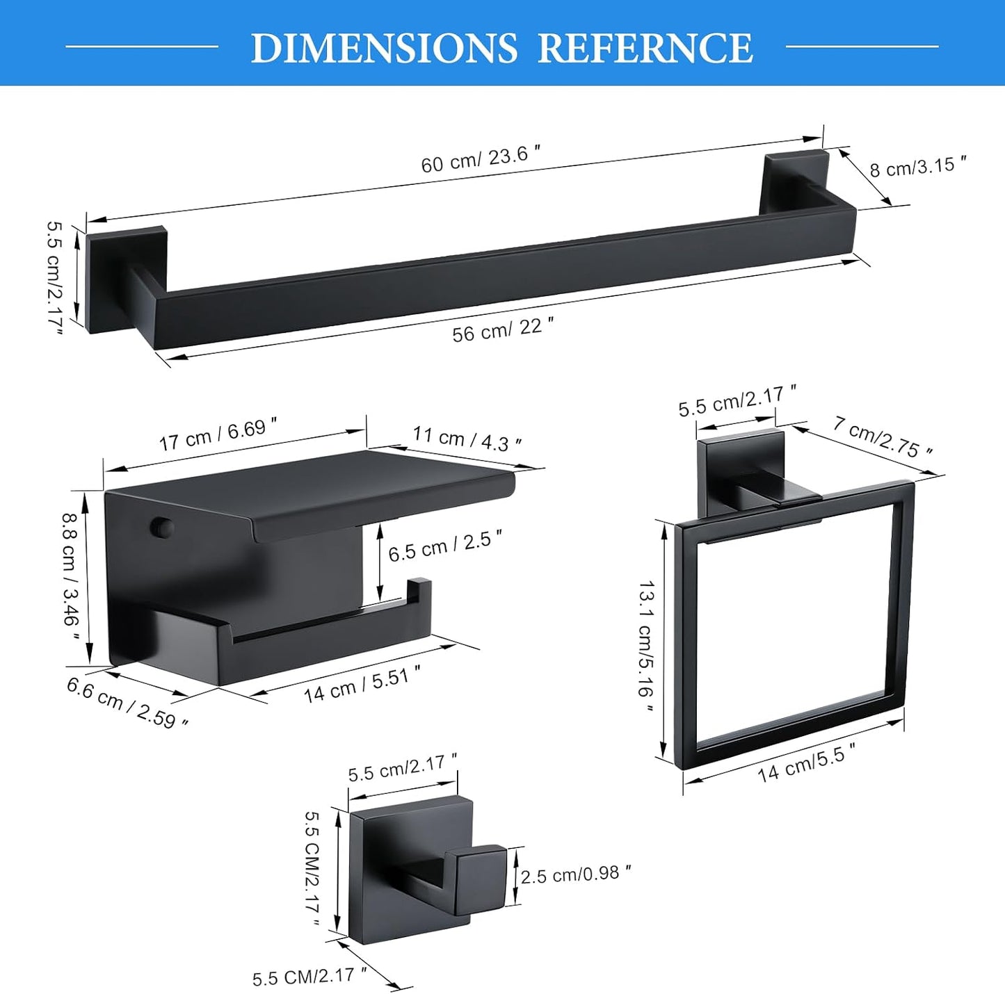 6-Piece Black Bathroom Hardware Set 23.6 Inch Towel Bar Set Double Towel Bar Towel Ring Coat Hook and Toilet Paper
