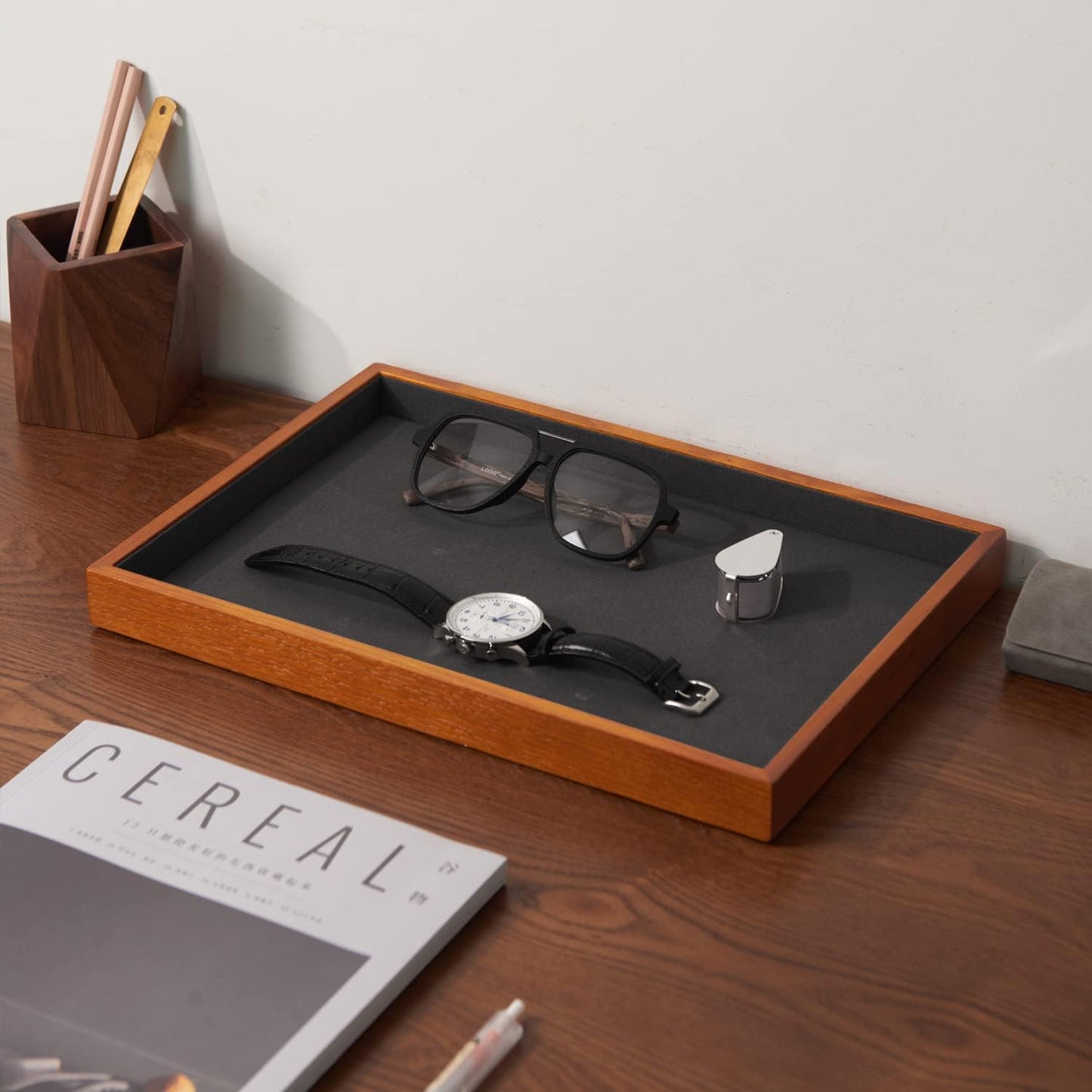 Wood Flat Jewelry Tray Stackable Jewelry Drawer Organizer Showcase Jewelry Holder / Grey Flat Tray