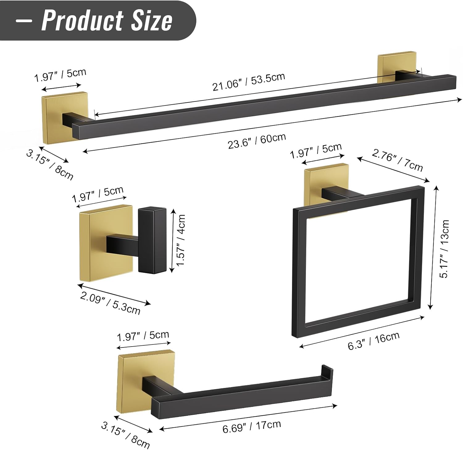YACVCL Towel Bar Set, 5-Piece Black and Gold Bathroom Hardware Set, Black&Gold Bathroom Accessories Set, SUS304