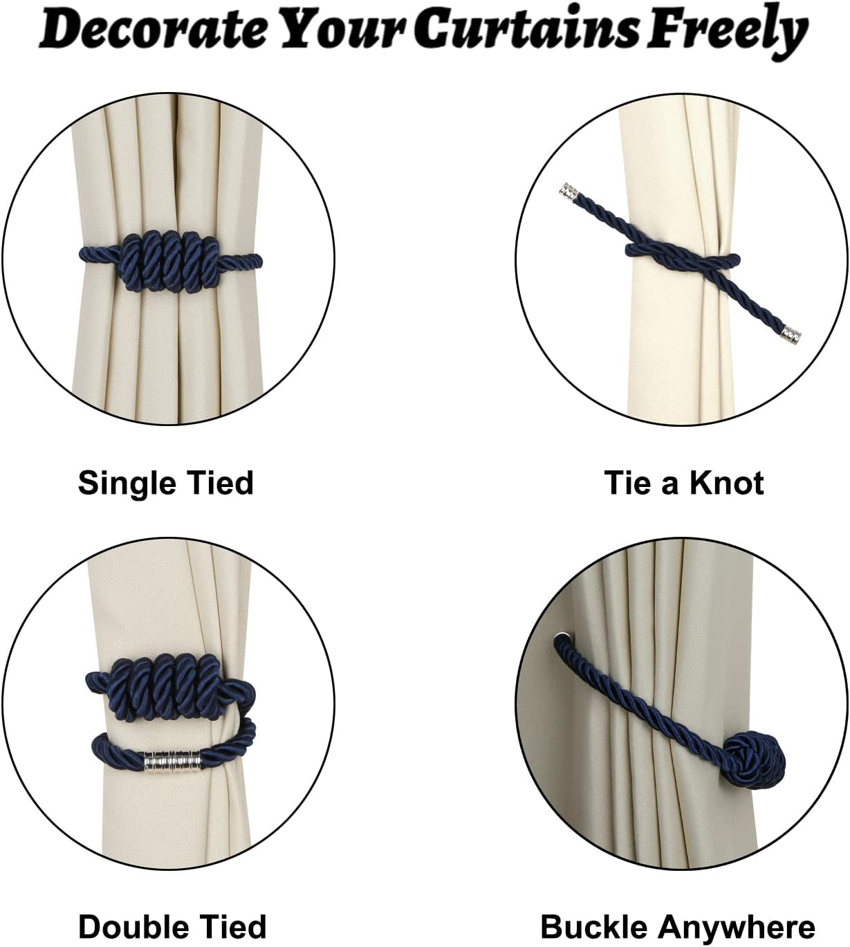 BEL AVENIR Magnetic Curtain Tiebacks 6 Pack Hand-Woven Curtain Ties | Navy Decorative Curtain Holdbacks Bohemian Style