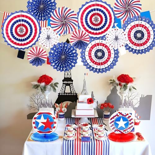 4th of July Patriotic Decorations, Red White Blue Hanging Paper Fans for Memorial Day Independence Day Fourth of July Decorations