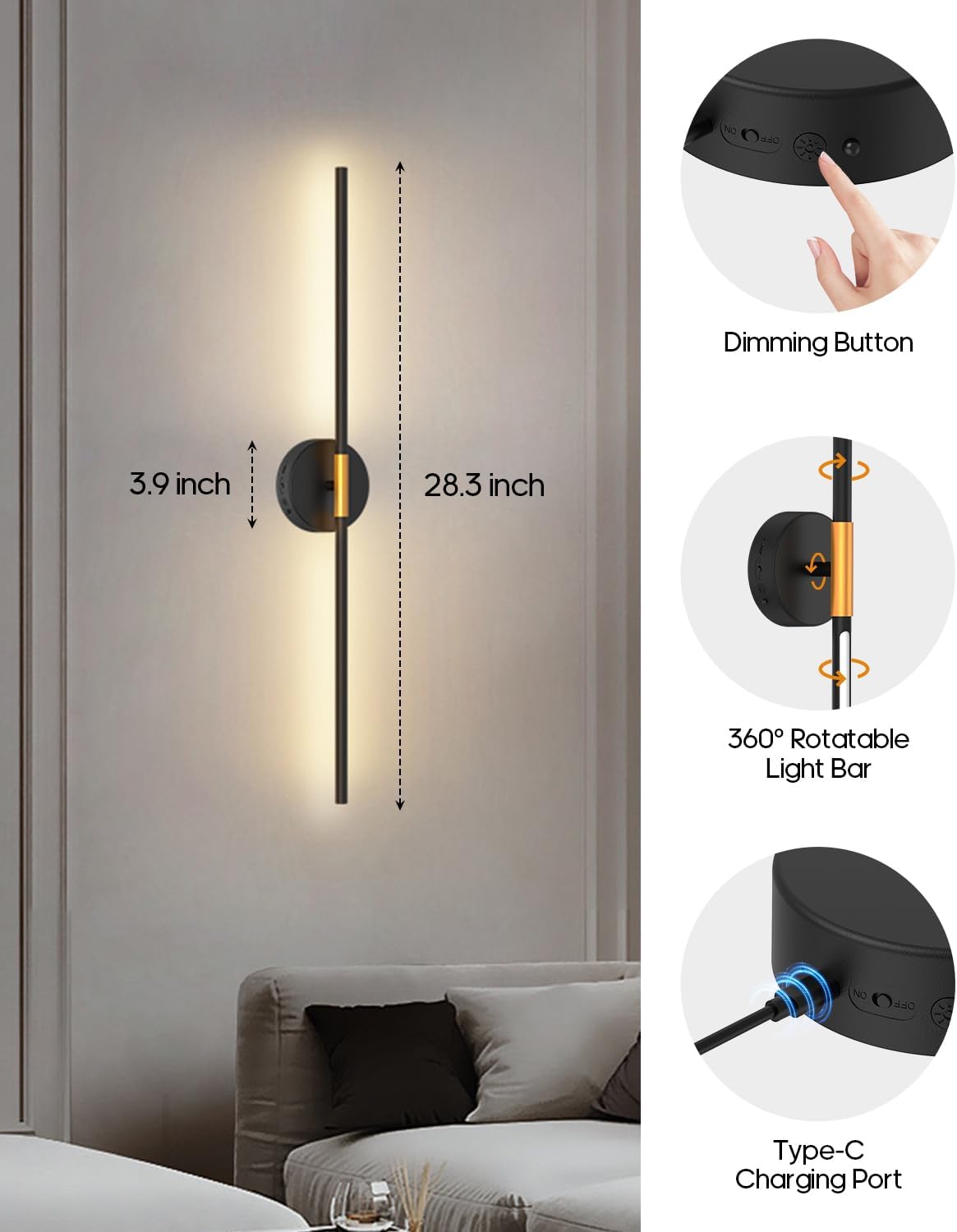 GOODEA Peel and Stick Wall Sconces, Battery Operated Wall Sconces Set of 2 | 28.3 inch LED 3000K Rechargeable &