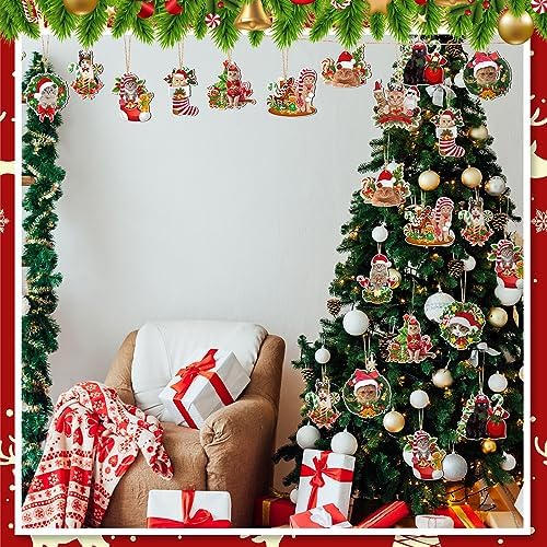 Qunclay 36 Pcs Cat Christmas Tree Ornaments Wooden Cat Christmas Tree Decorations Rustic Xmas Kitty Hanging Ornament Decorative Kitty Wood Pendants for Home Fireplace Holiday Xmas Party Decor