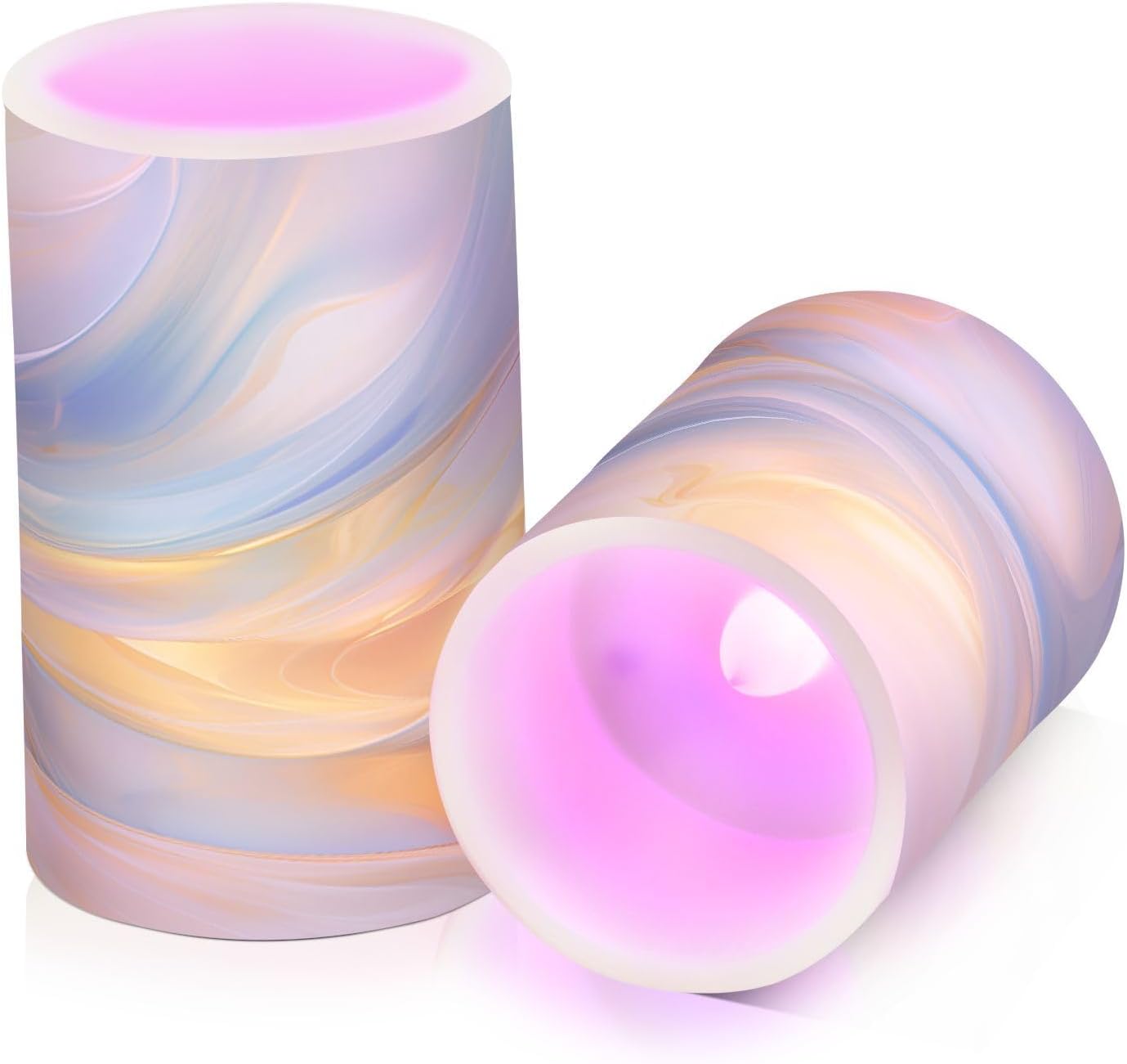 Flickering Flameless Candles, Blue Gold Marble LED Candles with Remote Timer, Set of 2 Battery Operated Candle for