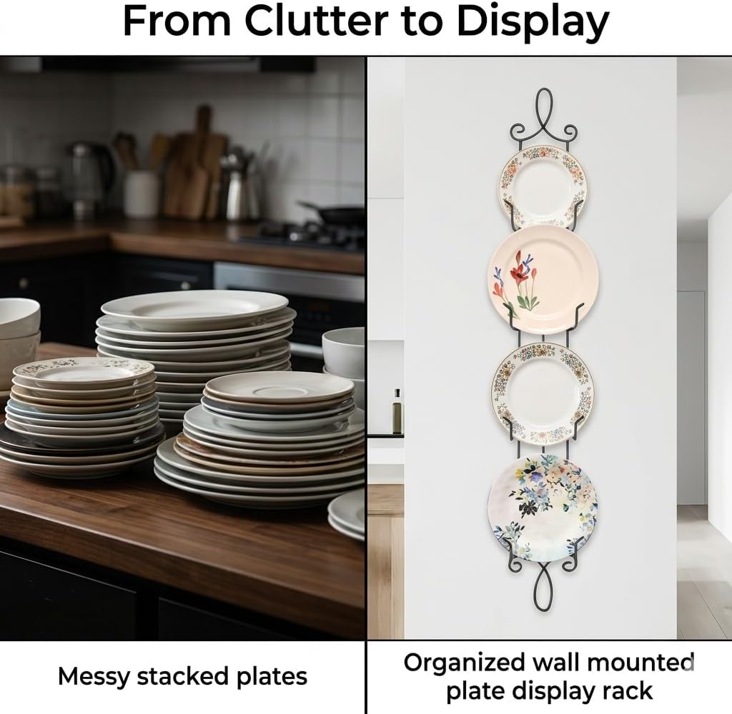 HOHIYA 42" Wall Plate Display Rack 2 Pack 4 Tier Metal Holder Black | Wall-mounted display rack organizes collectible