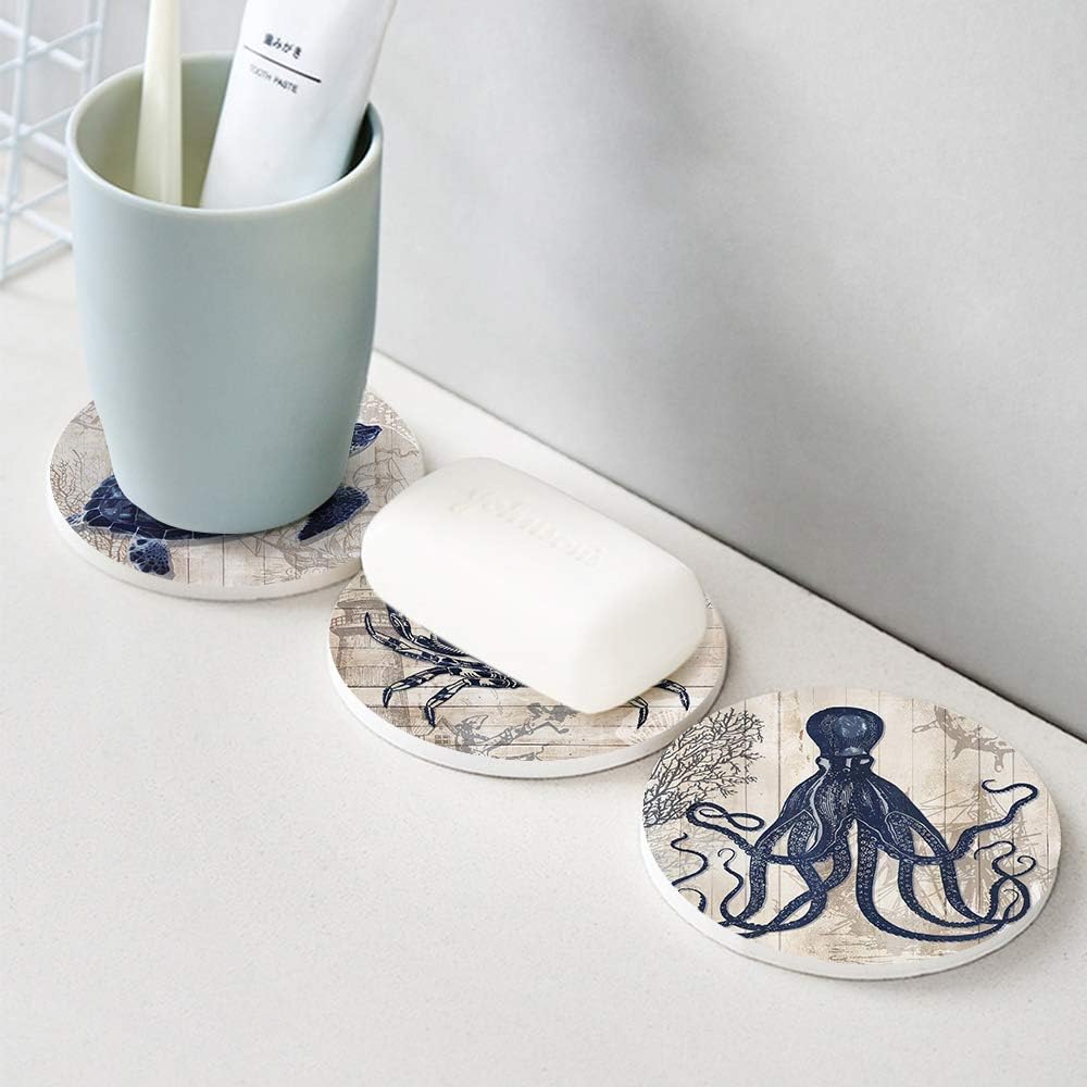 Absorbent Coasters Ceramic Thirsty Stone Navy Blue Octopus Seahorse Crab / Sea Animals / Natural
