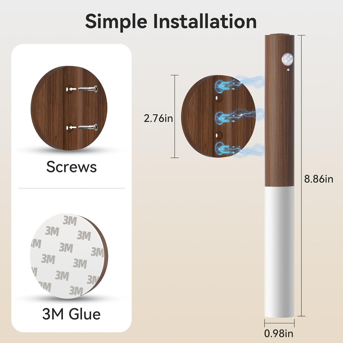 Wooden Motion Sensor Lights Indoor - Magnet Body Hallway Rechargeable LED Wireless Battery Operated Wall Sconce