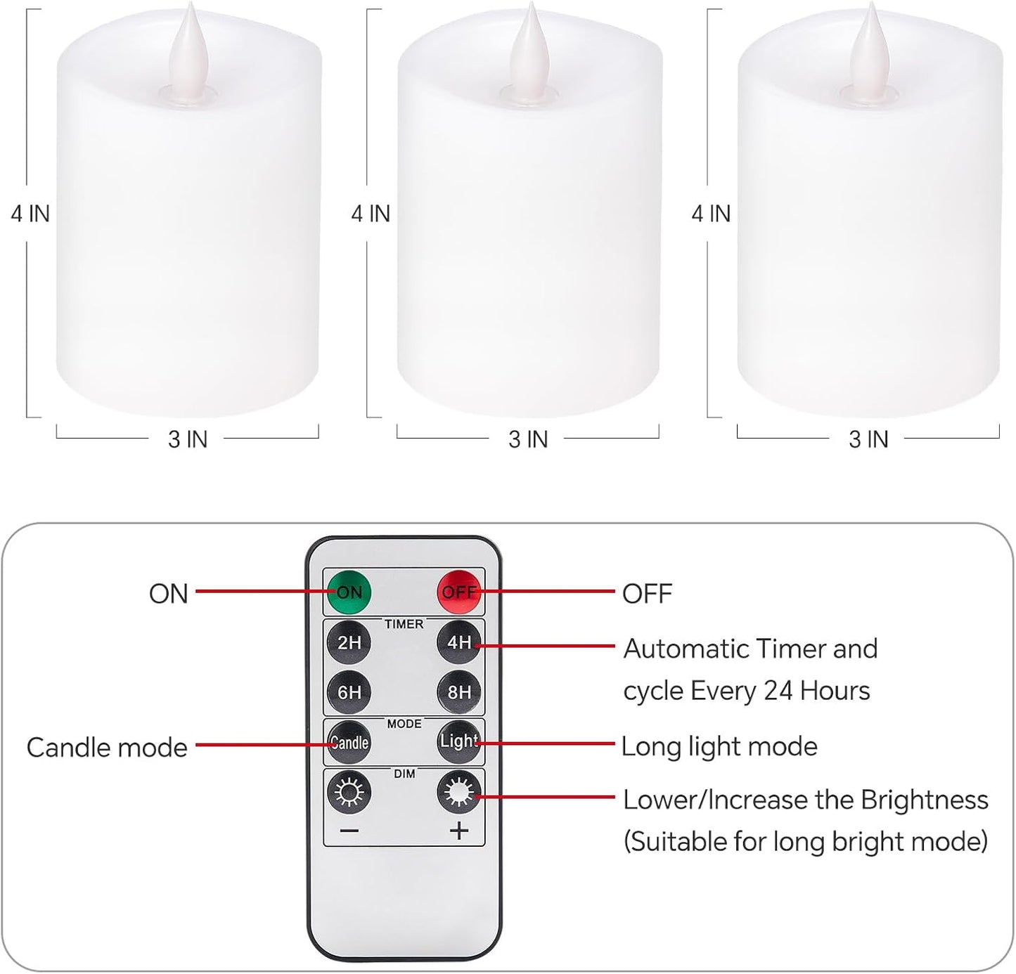 3x4 Flickering Flameless Candles Set of 3,Real Wax Pillar LED Battery Candles,with Timer,4 inch Flameless Candles with