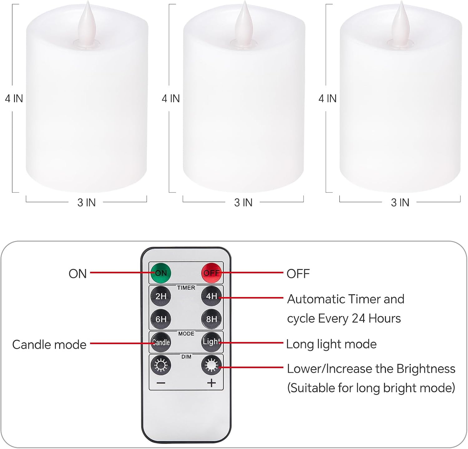 3x4 Flickering Flameless Candles Set of 3,Real Wax Pillar LED Battery Candles,with Timer,4 inch Flameless Candles with
