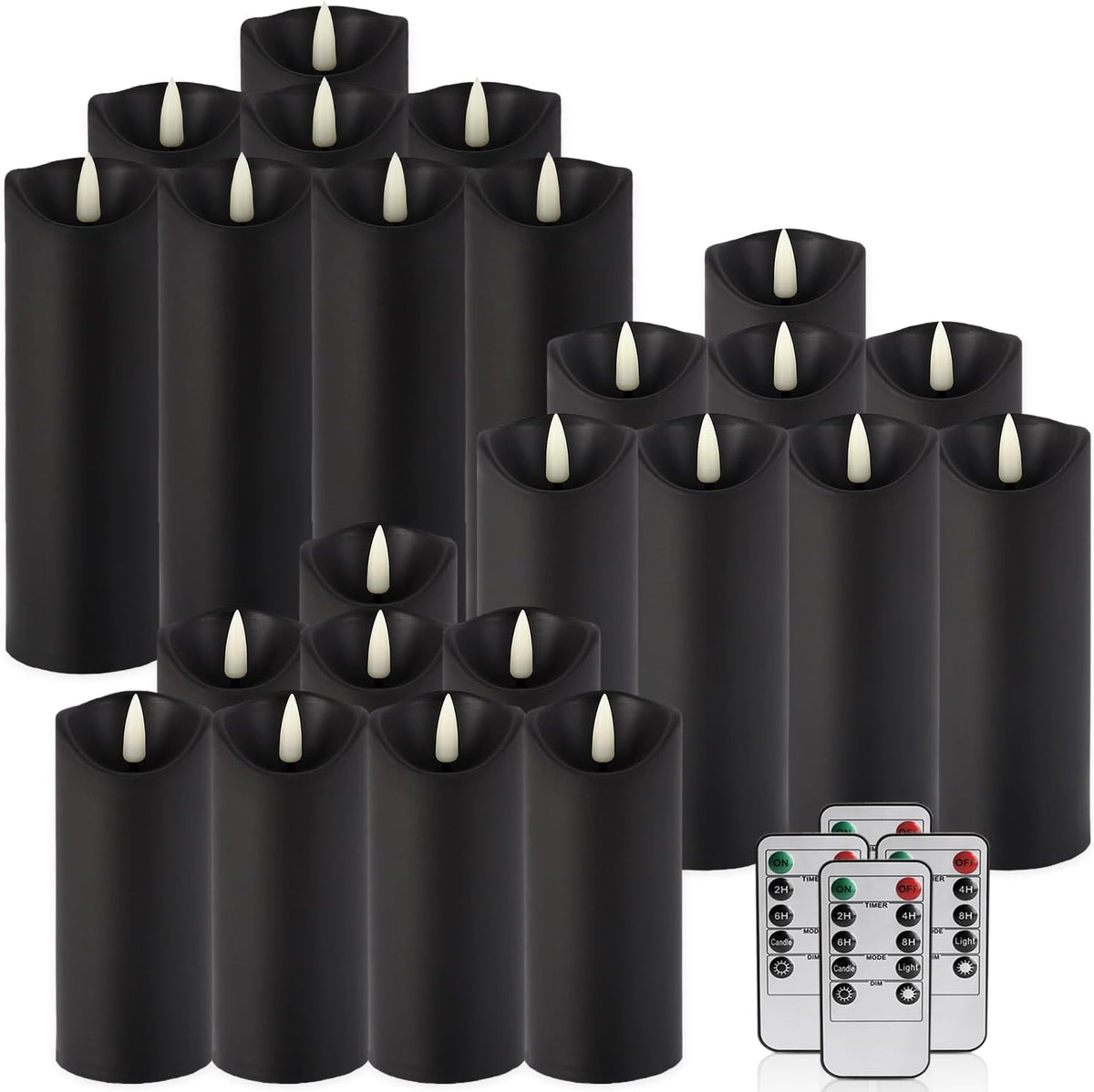 fclayvts Realistic Flameless LED Candle Black Set of 24, Battery Operated with Remote Control, 3D Flame Pillar Timer