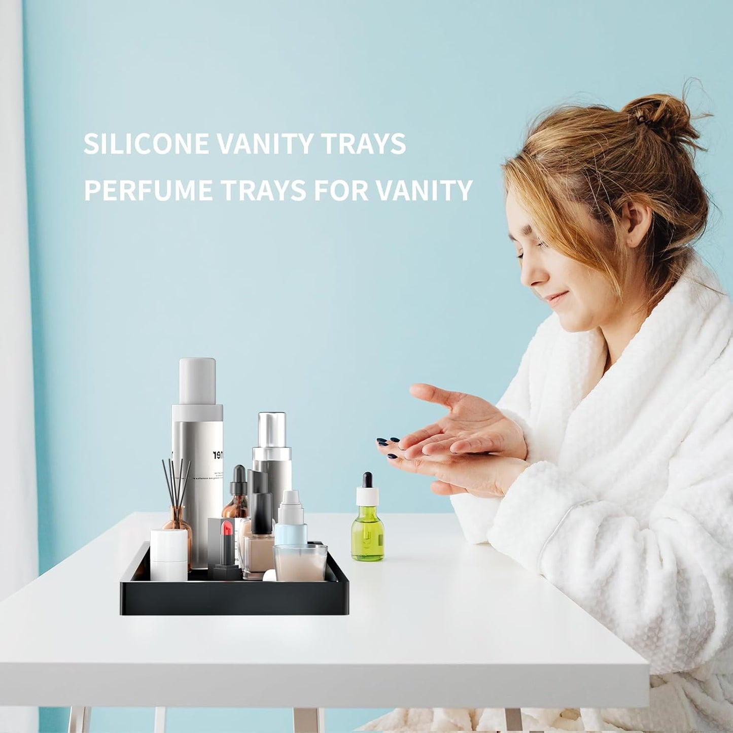 Bathroom Vanity Tray- Silicone Bathroom Tray for Counter / Black / Set of 2