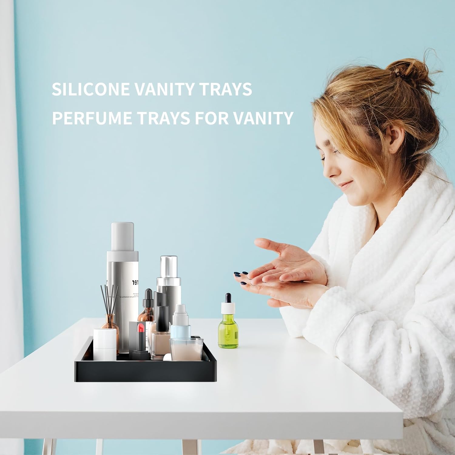 Bathroom Vanity Tray- Silicone Bathroom Tray for Counter / Black / Set of 2