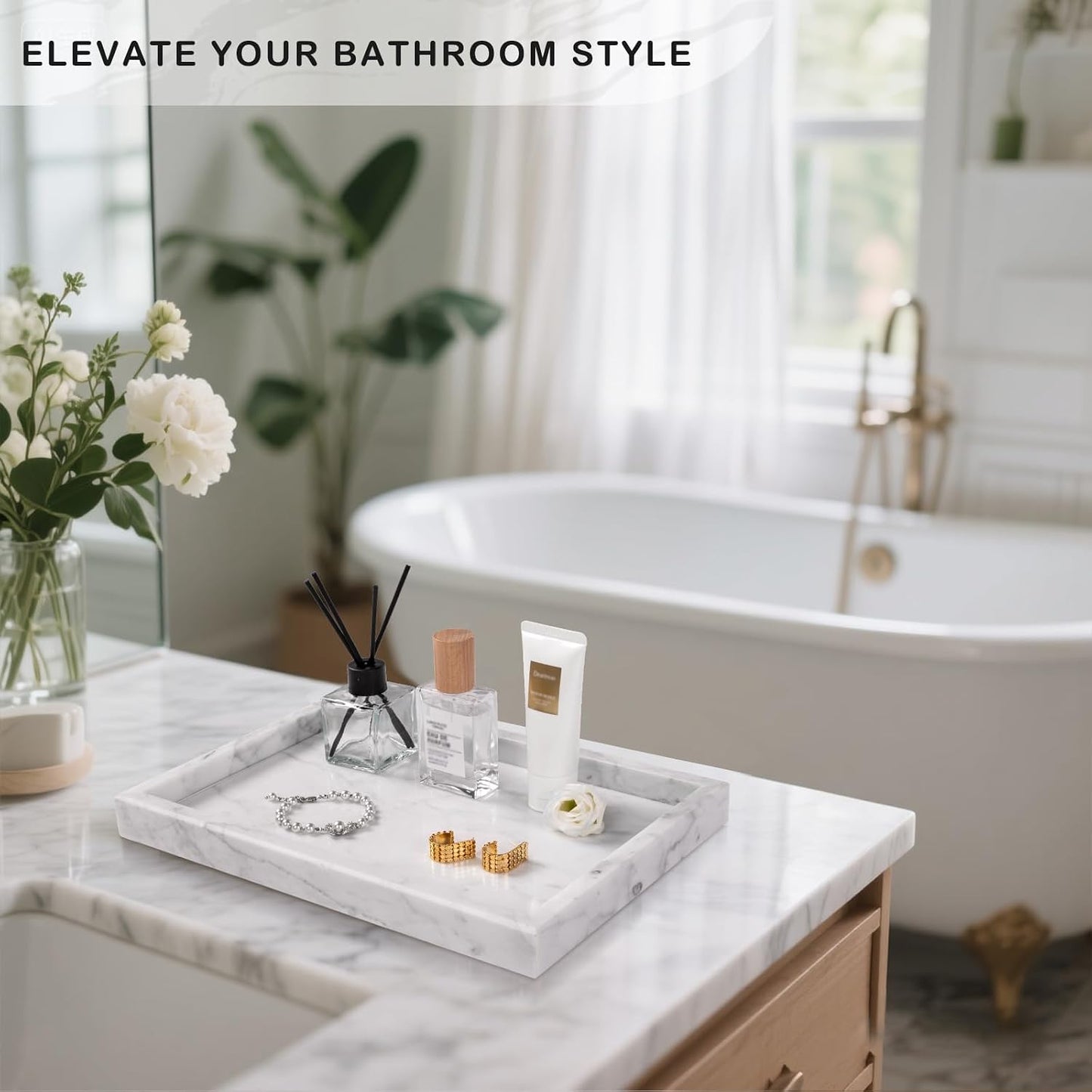 Marble Bathroom Tray for Countertop & Home Decor / White