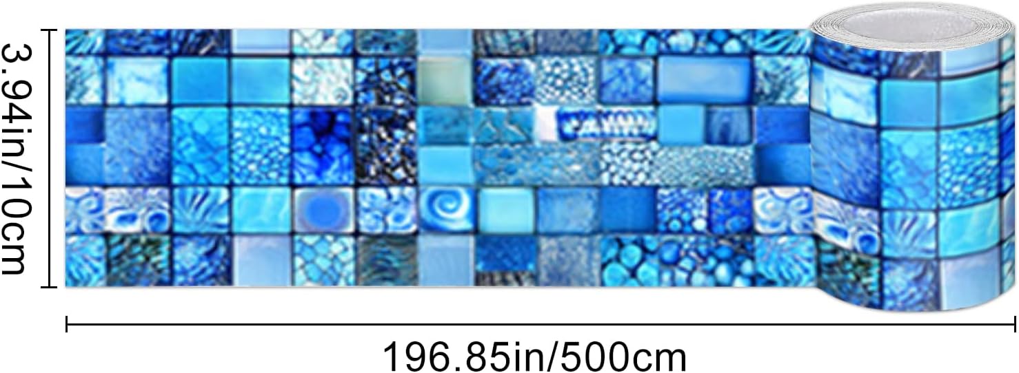 Wallpaper Border Peel and Stick Decorative Wall Trim Self Adhesive Mosaic Tile / Blue Texture